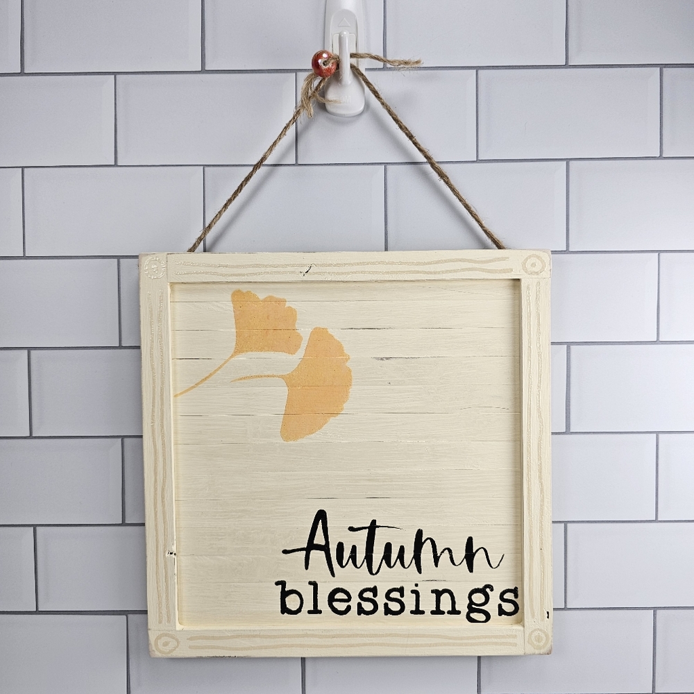 Autumn Blessings 9" wooden sign. Ginkgo leaf, embossing and hang